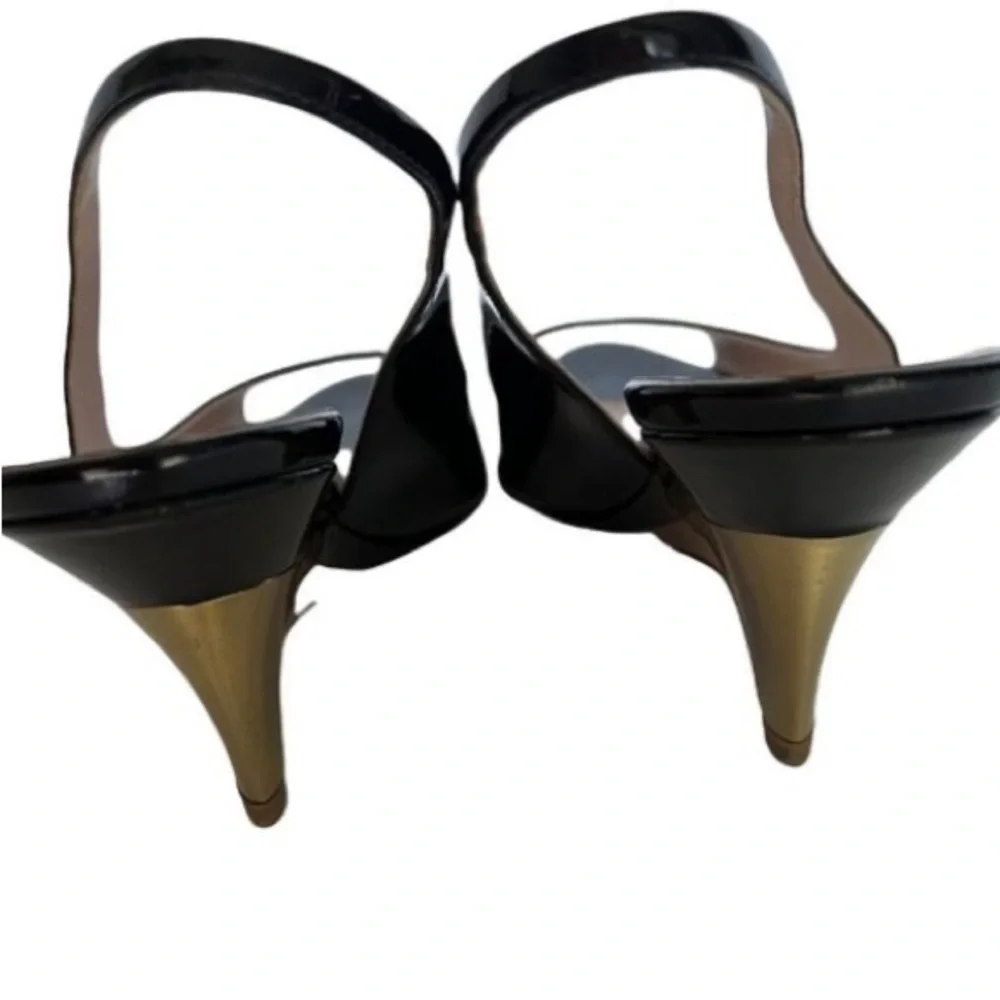 Prada MIU MIU Black Patent Leather Open Toe Slingbacks Metal Wedge High Heels - Picture 5 of 7